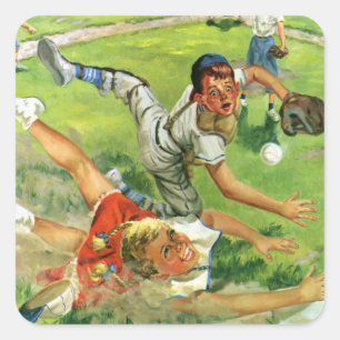Vintage-Sport Baseball, Kinderteams spielen Quadratischer Aufkleber