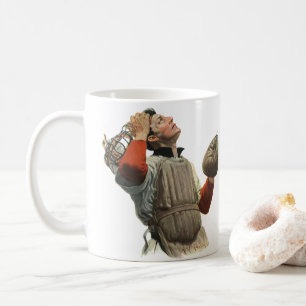 Vintage-Sport Baseballspieler, Catcher schaut nach Kaffeetasse