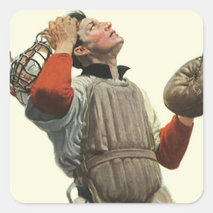 Vintage-Sport Baseballspieler, Catcher schaut nach Quadratischer Aufkleber