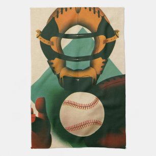 Vintage-Sport Baseballspieler, Fänger mit Handschu Geschirrtuch
