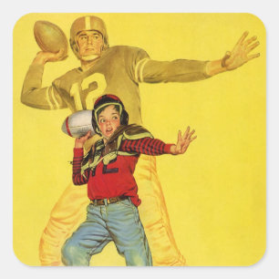 Vintage Sport, Junge als zukünftiger Football-Quar Quadratischer Aufkleber