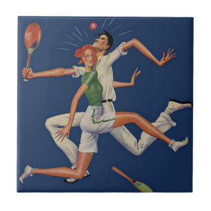 Vintage-Sport: Tennisspieler krachen mit Schlägern Fliese