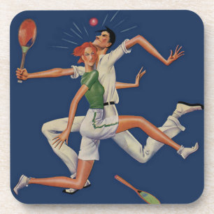Vintage-Sport, Tennisspieler krachen mit Schlägern Getränkeuntersetzer