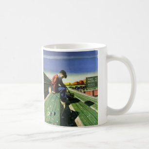 Vintage-Sport, trauriger Fußballfan mit Megaphon Kaffeetasse