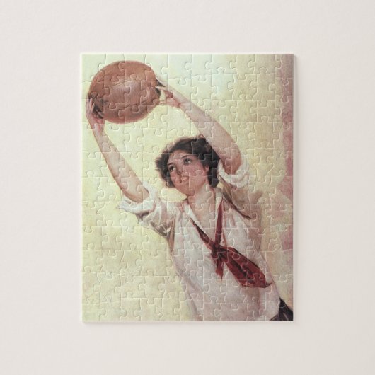 Vintage Sportarten, Basketballspielerin mit Ball Puzzle (Vertikal)