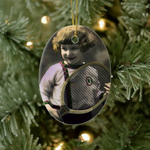 Vintage Sportarten, Happy Girl Holding a Tennis Ra Keramik Ornament