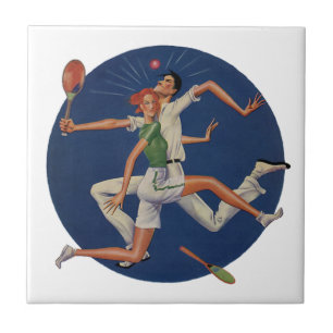 Vintage Sportarten, Tennisspieler brechen mit Rack Fliese