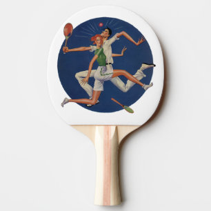 Vintage Sportarten, Tennisspieler brechen mit Rack Tischtennis Schläger