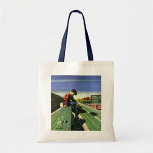 Vintage Sportarten, trauriger Fußballfan mit Megap Tragetasche