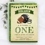 Vintage Sports Football 1st Birthday Party Einladung<br><div class="desc">Amaze your guests with this cool birthday party invite featuring an american football and a sports helmet with vibrant typography against a rustic parchment background. Simply add your event details on this easy-to-use template to make it a one-of-a-kind invitation. Flip the card over to reveal a beautiful green grass texture...</div>