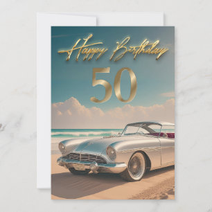 Vintage-Sportwagen an einem tropischen Strand Froh