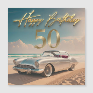 Vintage-Sportwagen an einem tropischen Strand Froh Magnetkarte