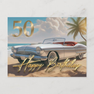 Vintage-Sportwagen an einem tropischen Strand Froh Postkarte
