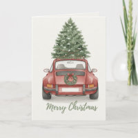 Vintage-Sportwagen mit Weihnachtsbaumkarte