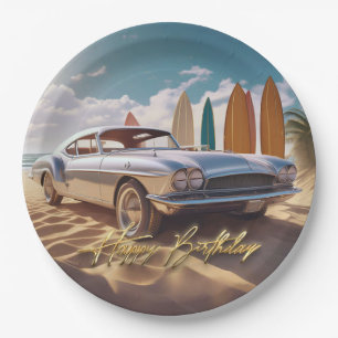 Vintage Sportwagen tropischer Strand Alles Gute zu Pappteller