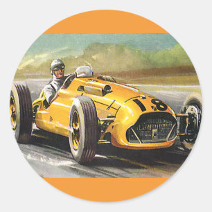 Vintage-Sportwagenrennen, gelber Rennwagen-Rennfah Runder Aufkleber