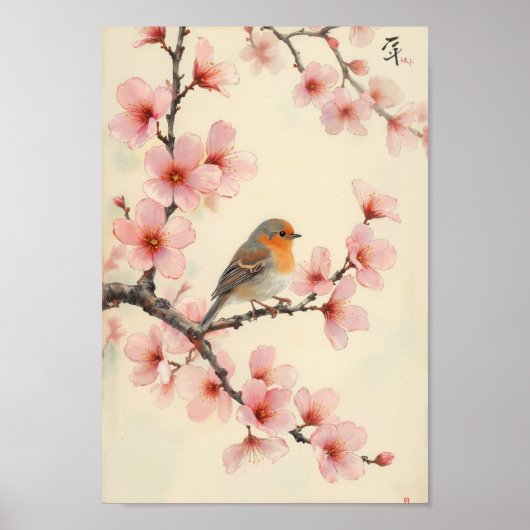 Vintage Spring Bird Cherry Blossom Wall Art Poster (Vorne)