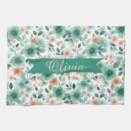 Vintage Spring Green Floral Personalized Geschirrtuch (Horizontal)