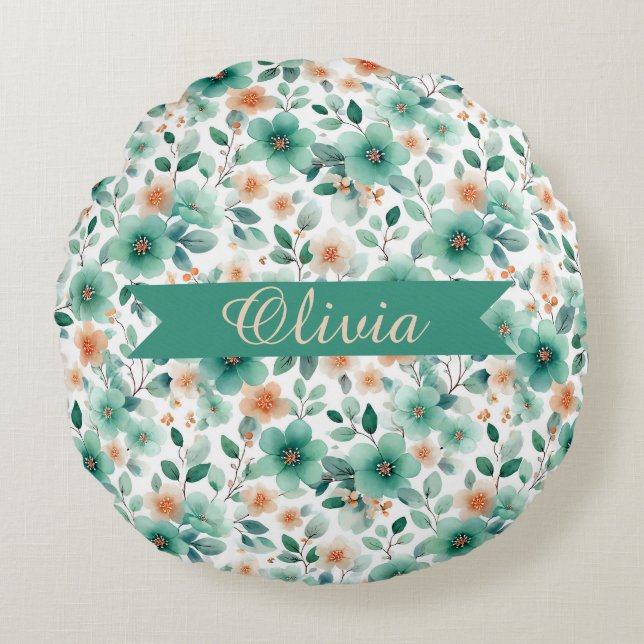 Vintage Spring Green Floral Personalized Rundes Kissen (Vorderseite)