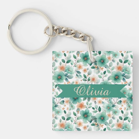 Vintage Spring Green Floral Personalized Schlüsselanhänger (Vorderseite)