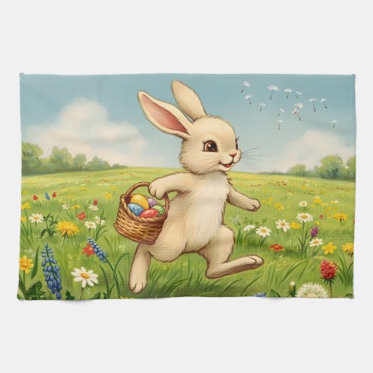 Vintage Spring Meadow Easter Bunny  Geschirrtuch (Horizontal)
