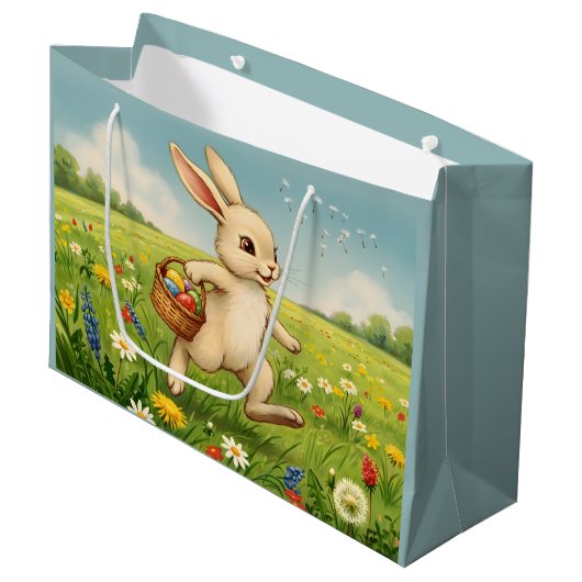 Vintage Spring Meadow Easter Bunny  Große Geschenktüte (Vorderseite Schrägansicht)