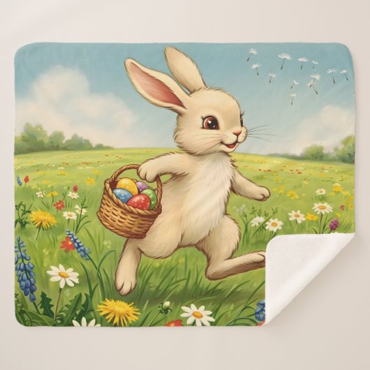 Vintage Spring Meadow Easter Bunny Sherpadecke (Vorderseite (Horizontal))