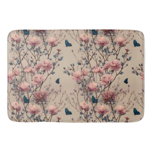 Vintage Spring Roses with Blue Butterflies Badematte (Vorderseite)