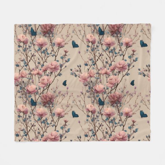 Vintage Spring Roses with Blue Butterflies Fleecedecke (Vorderseite (Horizontal))