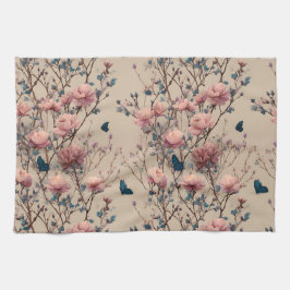 Vintage Spring Roses with Blue Butterflies Geschirrtuch