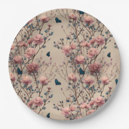 Vintage Spring Roses with Blue Butterflies Pappteller