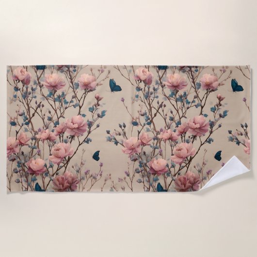 Vintage Spring Roses with Blue Butterflies Strandtuch (Vorderseite)