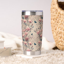 Vintage Spring Roses with Blue Butterflies Thermobecher