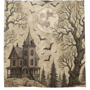 Vintage Spukhaus & Vollmond Duschvorhang