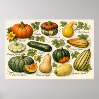 Vintage Squash Varieties Botanical Illustration Poster