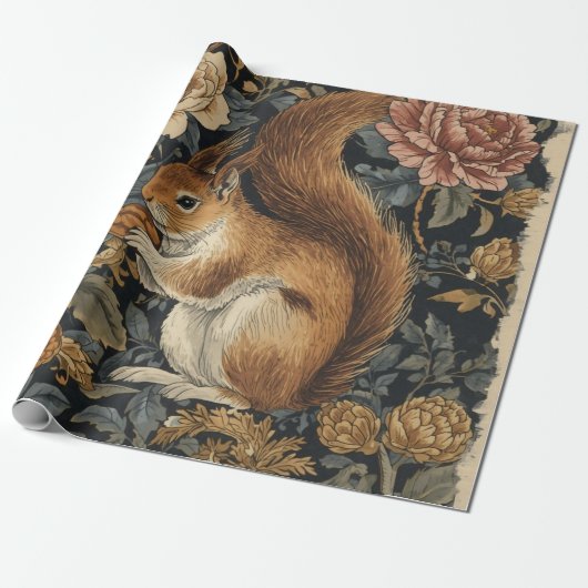 Vintage Squirrel and Flowers Pattern Geschenkpapier (Ungerollt)