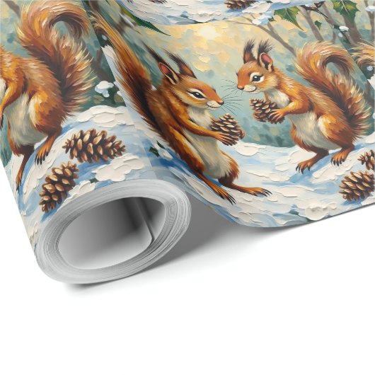 Vintage Squirrels Gathering Pinecones Christmas Geschenkpapier (Rolleneckpunkt)