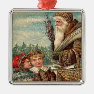 Vintage St. Nikolaus und Kinder quadratischer Weih Ornament Aus Metall
