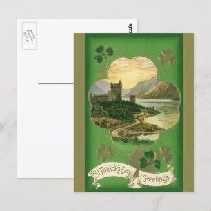 Vintage St. Patricks Day Greetings Castle Shamrock Postkarte