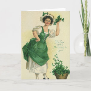 Vintage St. Patrick's Day Irische Maid mit Kleeblä Karte