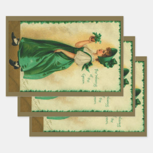 Vintage St. Patrick's Day junge Frau trägt Grün Geschenkpapier Set