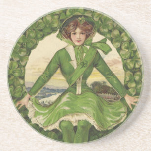 Vintage St. Patrick's Day, Kranz mit irischer Maid Sandstein Untersetzer