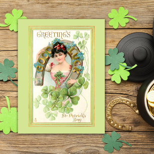 Vintage St. Patrick's Day Lassie with Horseshoe Postkarte