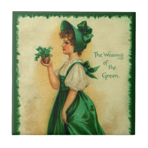 Vintage St. Patrick's Day Mädchen mit grüner Kleid Fliese