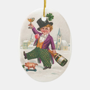 Vintage St. Patricks Day Shamrock Champagner Keramik Ornament
