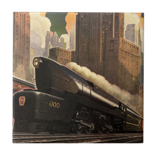 Vintage Stadt, T1 Duplex Zug auf Eisenbahnschienen Fliese