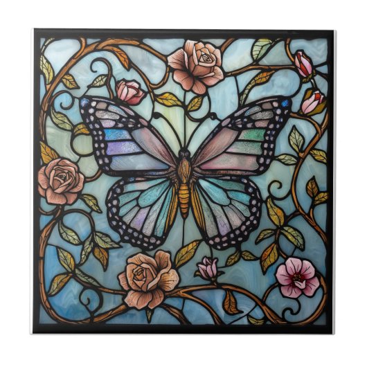 vintage stain glass blue butterfly art  fliese (Vorderseite)