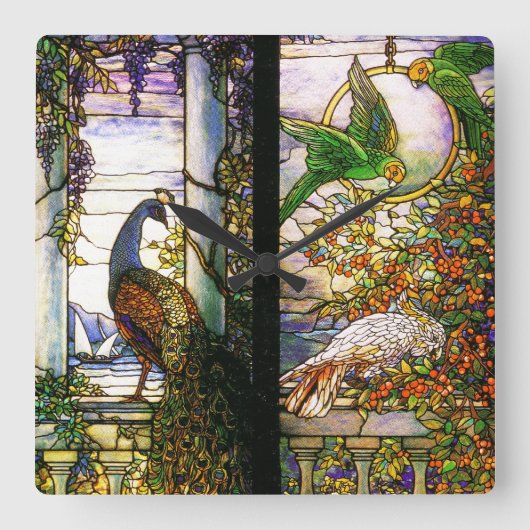 Vintage Stained Glass Clock Quadratische Wanduhr (Vorderseite)