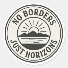 Vintage Stamp – “No Borders, Just Horizons”. Runder Aufkleber