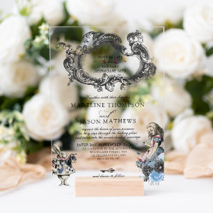 Vintage Staubblau Alice im Wunderland Hochzeit Acryleinladungen